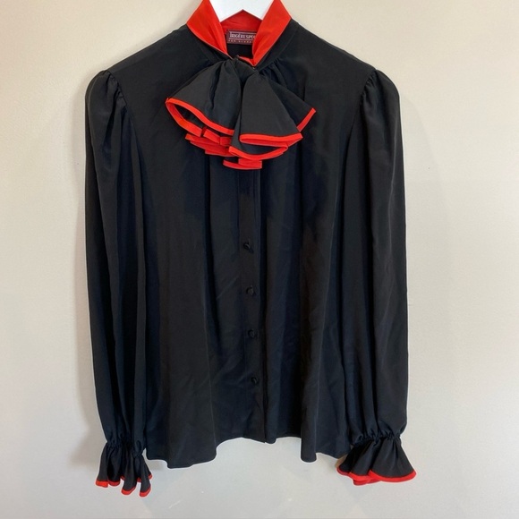 Trigeresport For Schrader 100% Silk Black Long Sleeve Top Red Ruffle Accents - Picture 1 of 6